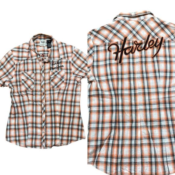 Harley-Davidson Short Sleeve Pearl Snap Button Down Shirt Orange Plaid Medium - Picture 1 of 6